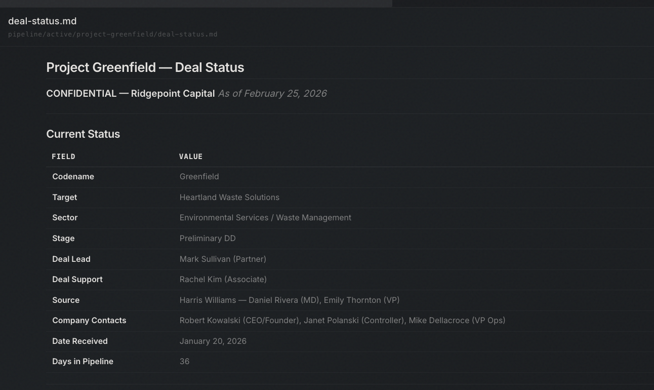 Deal Status — Project Greenfield